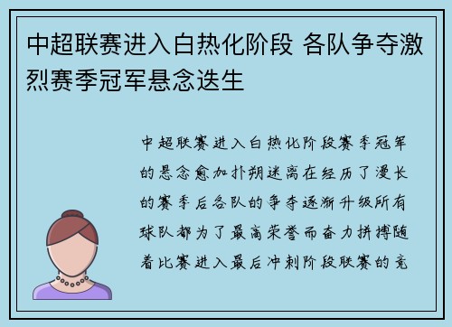 中超联赛进入白热化阶段 各队争夺激烈赛季冠军悬念迭生